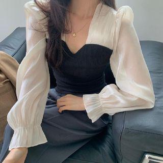 Long-sleeve Sheer Panel Knit Top Black & Almond - One Size