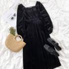 Long-sleeve Square-neck Velvet Midi Dress