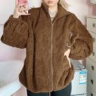 Lettering Zip-up Fluffy Jacket