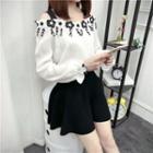 Off-shoulder Flower Applique Long-sleeve Top