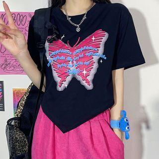 Elbow-sleeve Butterfly Print Cropped T-shirt