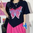 Elbow-sleeve Butterfly Print Cropped T-shirt
