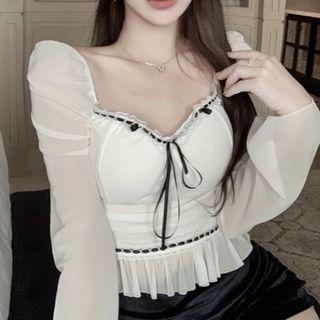 Off-shoulder Ribbon Accent Cropped Blouse