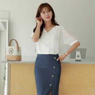 Wing-lapel Shirred Textured Blouse