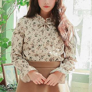 Tie-neck Flounced Floral Blouse