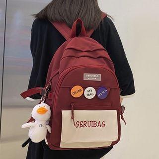Lettering Two-tone Nylon Backpack / Pin / Bag Charm / Set