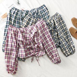 Boatneck Plaid Drawstring Crop Blouse