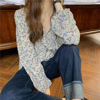 Long-sleeve Ruffled Floral Print Blouse Blue Floral - White - One Size