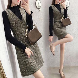 Long-sleeve Knit Top / Herringbone Mini Pinafore Dress / Set