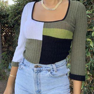 Square-neck Color Block Knit Top
