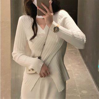 Mock-neck Cutout Wrap Knit Top / High Waist Straight Leg Pants