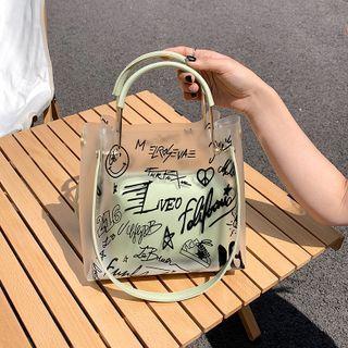 Set: Lettering Print Pvc Bucket Bag + Pouch