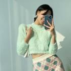 Mock-neck Faux-fur Knit Crop Top