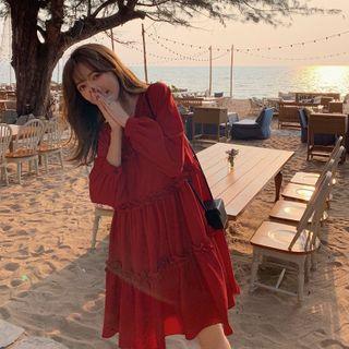 Long-sleeve Ruffle Sashed A-line Dress