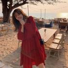 Long-sleeve Ruffle Sashed A-line Dress