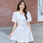 Puff-sleeve Open-back Single-breasted Mini A-line Dress