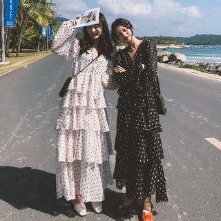 Dotted Long-sleeve Maxi Tiered Dress