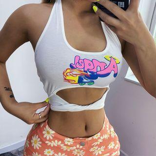 Lettering Cut-out Cropped Halter Top