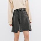 Asymmetrical A-line Faux Leather Skirt With Belt