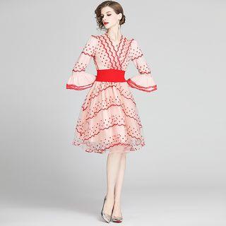 Embroidered Lace Trim Bell-sleeve A-line Mesh Dress
