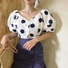 Balloon Elbow-sleeve Dotted Blouse