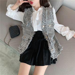 Frill Trim Tweed Vest / Long-sleeve Tie Neck Blouse