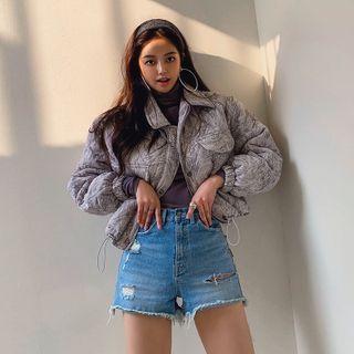 Marble-pattern Oversized Padded Jacket Gray - One Size
