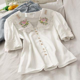 Lace-trim Embroidered Blouse White - One Size