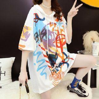Short-sleeve Hooded Print T-shirt