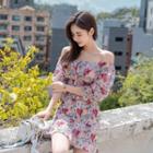 Off-shoulder Floral Print Smocked Dress