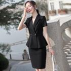 Short-sleeve Double-breasted Blazer / Camisole Top / Pencil Skirt / Set