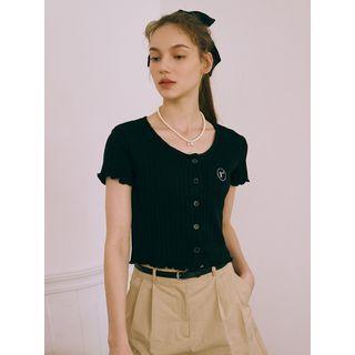 Lettuce-edge Ribbed Cropped Cardigan Black - One Size