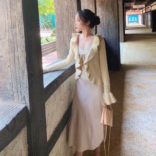 Ruffle Trim Cardigan / Spaghetti Strap Midi Dress