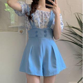 Short-sleeve Floral Blouse / Suspender Shorts