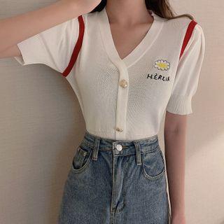 Flower Embroidered Short-sleeve Cropped Knit Cardigan