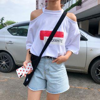 Elbow-sleeve Cut Out Shoulder Print T-shirt