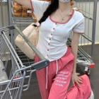 Short-sleeve Contrast Trim Square-neck Top / Lettering Pant
