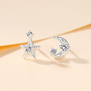 Non-matching 925 Sterling Silver Rhinestone Moon & Star Earring 1 Pair - Non-matching Rhinestone Moon & Star Earring - One Size