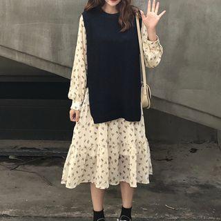Side Slit Knit Vest / Printed Long-sleeve A-line Dress