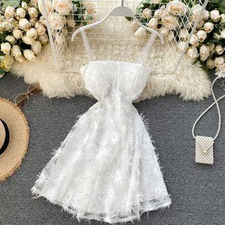 Faux Pearl Mesh Strap Fringed A-line Dress