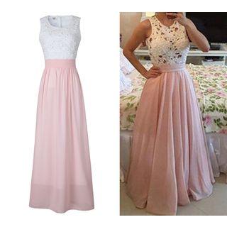 Hollow Out Lace Panel Sleeveless Maxi Dress