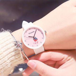 Set: Strawberry Print Silicone Strap Watch + Floral Bangle