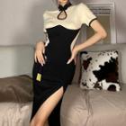 Short-sleeve Two-tone Slit Maxi Sheath Dress