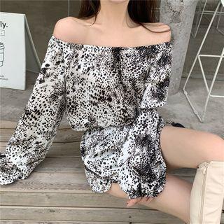 Leopard Print Off-shoulder Long-sleeve Playsuit Leopard - One Size