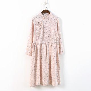 Frog Button Floral Print A-line Dress