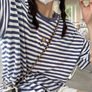 Smiley Face Embroidered Striped Top As Shown In Figure - One Size
