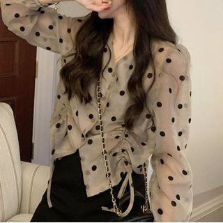 Long-sleeve Sheer Dotted Top Black Dot - Khaki - One Size