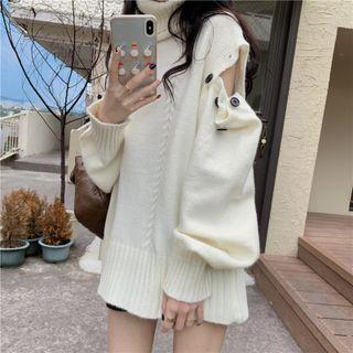 Turtleneck Button-up Cable-knit Sweater