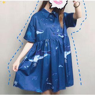 Fish Print Short-sleeve A-line Dress As Shown In Figure - One Size