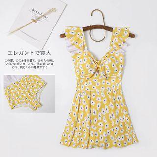 Sleeveless Ruffled Floral Print Swim Dress